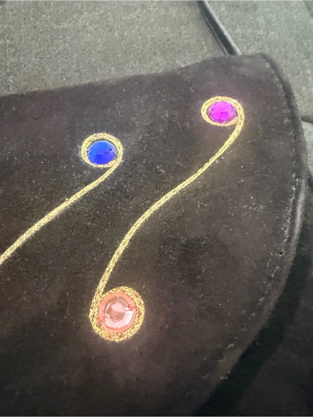 VTG. JRenee Blk suede w/ whimsical gold embroidery and cabochon jewels